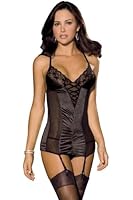 Rene Rofe 2-Piece Stretch Satin Lace Garter Slip and G-String, Black