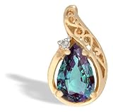 14K Yellow Gold Pear Created Alexandrite and Diamond Pendant