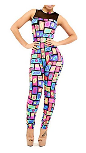 Women's Mesh Inset Lips Pattern Sleeveless Party Jumpsuits