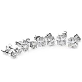 White Stud Earrings Princess Stud Earrings Sets CZ Cubic Zirconia 7MM, 6MM, 5MM & 4MM White Rhodium Mens Ladies Unisex Pushback Post