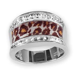 Ashley Arthur 925 Silver White Swarovski Square Crystal & Leopard Enamel Ring Size 9