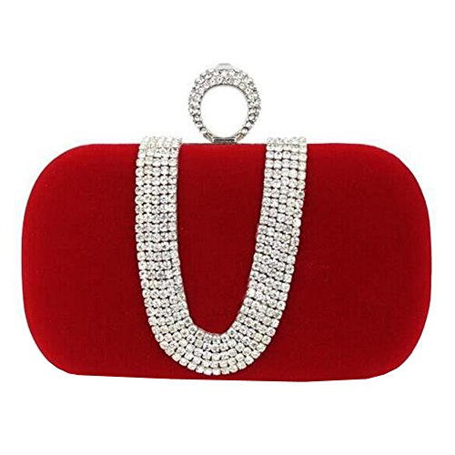 Keller Womens Ring Button Velvet Rhinestone Stud One Ring Knuckle Duster Evening Cocktail Clutch Bag-Red
