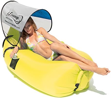 Inflatable Outdoor Lounge Chair, Beach Chair - Waterproof, Portable Sleeper Couch with Mini Canopy, Waterproof Pouch, Bottle Opener &amp; Mesh Side Bag -Yellow- By iLounge