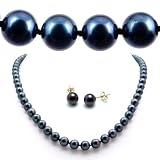AAA Quality 18 Inch Round 6.5-7mm Black Akoya SaltWater Cultured Pearl Necklace & Earrings Set