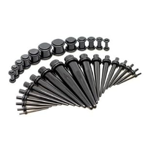 30 Pieces Ear Taper Stretching Kit & Plug Set - 16Pc Black Acrylic Ear Taper Stretching Kit 14G-0G & 14pc Black Acrylic UV Double O-Ring Plug Kit 10g-00g Ear Expander Set
