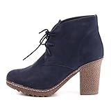 Damen Schuhe, STIEFELETTEN, SCHNÜR BOOTS WARM GEFÜTTERT, 7674-GA, Synthetik in hochwertiger Velour Leder Optik, Blau, Gr 36