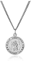 Men's Sterling Silver Saint Christopher Round Medal with Stainless Steel Chain, 20"