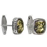 Mens Sterling Silver Green Amber Square Filigree Cuff Links