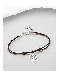 Peace Symbol Leather Bracelet In 92.5 Sterling Silver