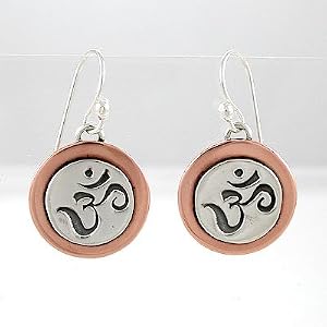 Round Om or Aum Symbol Earrings in Sterling Silver and Copper, #8687