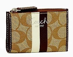 Coach Heritage Stripe Zip Coin Case Skinny Bag with Key Chain Mahogany Brown