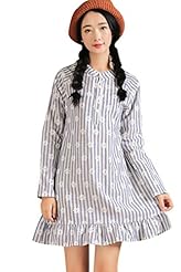 Round Neck Striped Print Floral Print Cotton/Linen  Dress