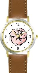 Pig Head Animal - WATCHBUDDY&reg; DELUXE TWO-TONE THEME WATCH - Arabic Numbers - Brown Leather Strap-Size-Children's Size-Small ( Boy's Size & Girl's Size )