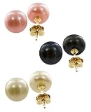 Stunning Deal Price! 3 Set of White, Black and Pink 7 MM Pearl Stud Earrings 14 KT Yellow Gold Post