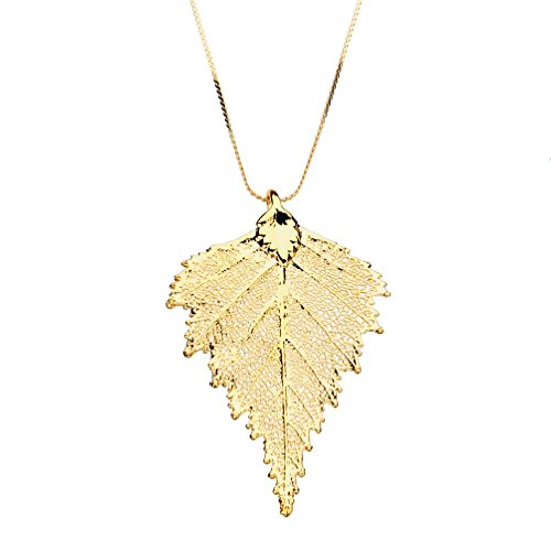 Gold Plated Birch Leaf Pendant 18k Gold-Flashed Sterling Silver Serpentine Chain Necklace, 20″