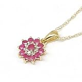 9ct Gold Ruby Diamond Flower Pendant, 18" Fine Chain