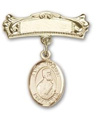 14K Gold Baby Badge with St. Thomas the Apostle Charm and Arched Polished Badge Pin