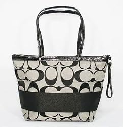 Coach Signature Stripe Shopper Bag Purse Tote 13548 Black White