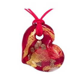 Gold Overlay Sterling Silver Red and Gold-Tone Murano Glass Pendant w/ Red Cord