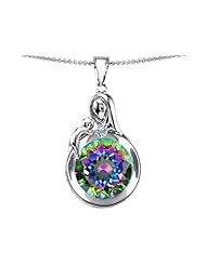 Original Star K (tm) Loving Mother With Child Family Large Pendant With Rainbow Round 10mm Mystic Topaz in .925 Sterling Silver