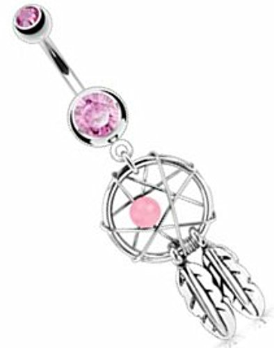 Body AccentzÂ® Belly Button 316L Surgical Steel Dream Catcher Woven Star Design with Bead and Feathers Fancy Navel Ring Dangle Body Jewelry 14g 3/8" HO714