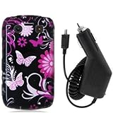 Pink Butterfly Flowers Design Crystal Hard Skin Case Cover + Car Vehicle Ch ....