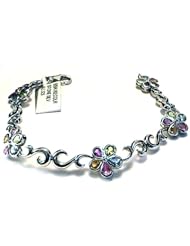 Multicolor Genuine Gemstone Rainbow Flower Bracelet .925 Sterling Silver 7.5 inches