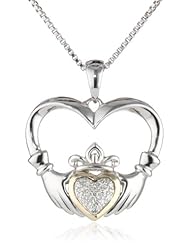 XPY Sterling Silver and 14K Yellow Gold Diamond Claddagh Heart Pendant Necklace, 18"