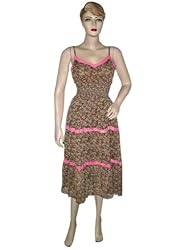 Womens Spaghetti Dress Brown Floral Print V-neckline Lace Chiffon Sundress
