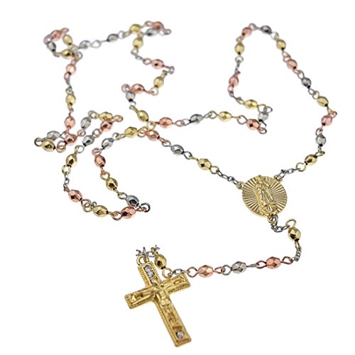 Bling CartelJesus Crucifix Cross Virgin Mary Tri-Tone Beads Oval Virgen De Guadalupe 24" Long Chain Rosario Rosary Necklace