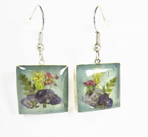 Bouquet on Teal, Real Flower Dangle Earrings, Pressed Flower Jewelry, Resin (az1853)