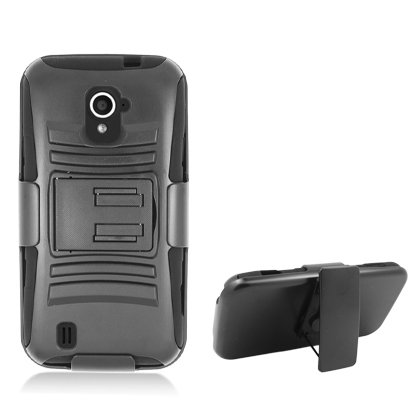 Dual Layer Plastic Silicone Black Hard Cover Snap On Case W/ Belt Clip Holster Kickstand For ZTE Source N9511 (StopAndAccessorize)