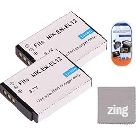 Battery Kit for Nikon Coolpix S6000 S6100 S6200 S6300 Digital Camera Includes Qty 2 Replacement EN-EL12 Batteries + Cleaning Cloth And LCD Screen Protector