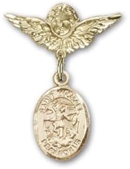 14K Gold Baby Badge with St. Michael the Archangel Charm and Angel with Wings Badge Pin