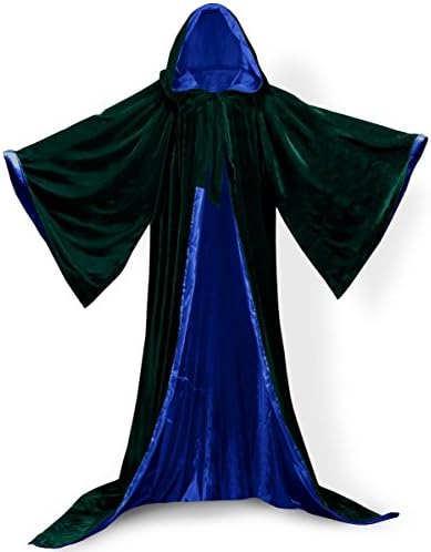 PingFeng Wizard Robe Velvet Hood Cloak Wicca LARP Goth Costume Green-Blue L