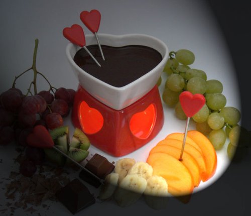 SCHOKO FONDUE SET SCHOKOLADE SCHOKOFONDUE SCHOKOLADENFONDUE HERZ WEISS HERZFORM MIT STOeVCHEN