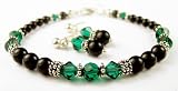 May Emerald Birthstone Bracelets & Earrings Set: Sterling Silver Beaded Swarovski Crystal Black Pearl Handmade Bracelets and Beaded Earrings