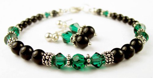 Pearl Bracelets: May Emerald Birthstone Bracelets & Earrings Set: Handmade with Black Pearls