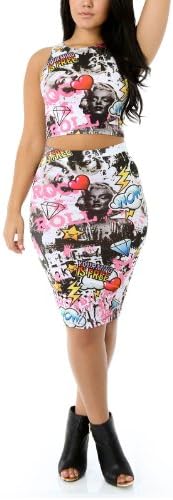 Ladies WOW Multi Print Marilyn Monroe Matching Skirts Set Crop Top