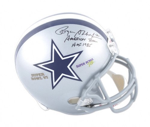 Roger Staubach Autographed Helmet | Details: Dallas Cowboys, SB VI and XII, HOF 1985 and America's Team Inscription, Riddell Replica Helmet