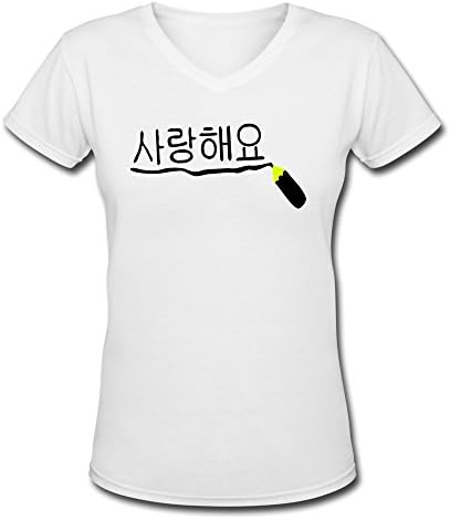 SUYUwomen's Love You In Korean Sarang Haeyo Txt Pen Cotton V Neck T Shirt,M,white