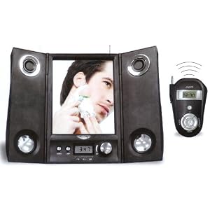 Black iSing Tri-Fold Lighted Fog-Free Mirror with FM Radio, Wireless Transmitter and Clock