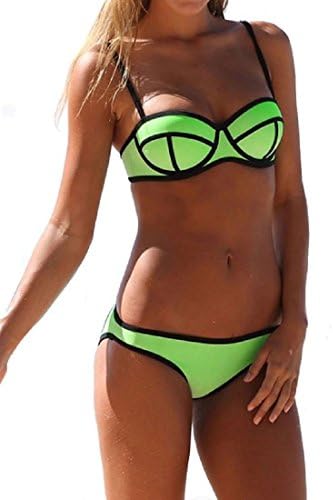 Rivoria Women's NEON Triangle Bandage Push Up Bikini Top & Bottom Set (Medium, Neon Green)