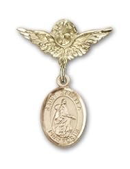 14K Gold Baby Badge with St. Isabella of Portugal Charm and Angel with Wings Badge Pin