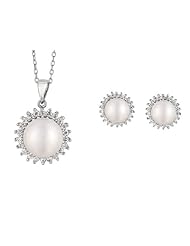 .925 Sterling Silver Fresh Water Pearl CZ Flower Necklace & Earrings Set