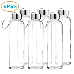 Chef's Star Glass water Bottle 6 Pack 18oz Bottles For Beverage and Juicer Use Stainless Steel Caps with Carrying Loop