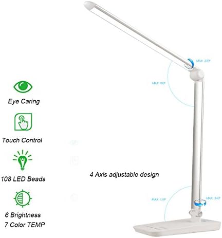 Fantasy Tech Desk Lamp, Eye-protection LED Lamp(10W, 108Leds, Metal Cover, Touch Control, 6-Level Dimmer,7 Color Modes, 4 Axis rotating, 5V/1A USB Charging Port ) silver