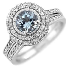 AAA Blue Aquamarine and Diamonds Engagement Wedding Ring Band Set 14k White... by
