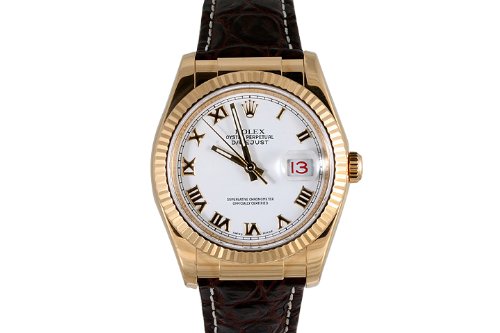 Rolex Mens Datejust With White Roman Numeral Dial And Leather Band