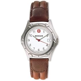 Mens Wenger Swiss Army Watch with White Dial and Brown Leather Strap
